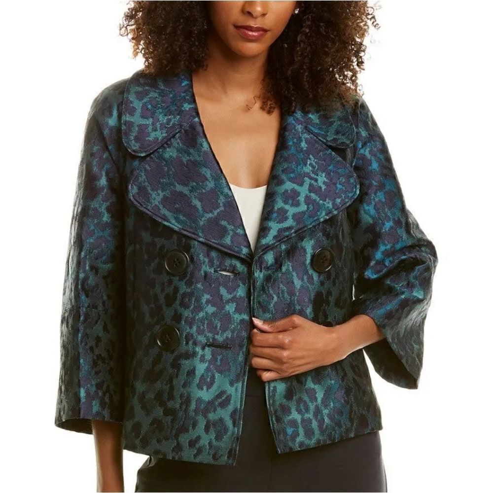 Elie Tahari Edna Leopard-Print Lacquard Green Multi Jacket Size Small - Picture 1 of 15